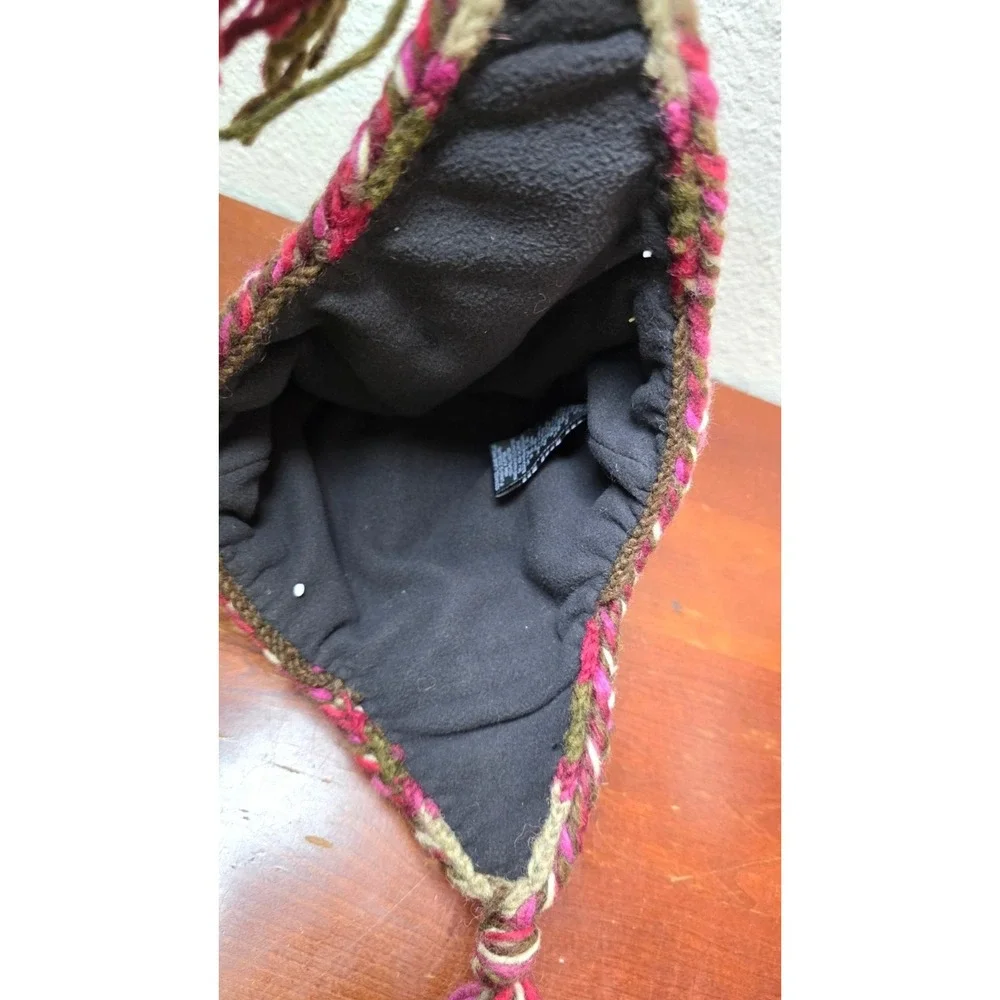 Newari Icelandic Hand-Knit Nepal Wool Small Earflap Hat Brown Pink Patterns